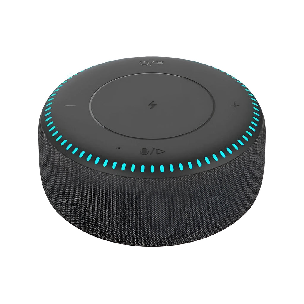 Black Bluetooth speaker with wireless charging top and white noise generation function
