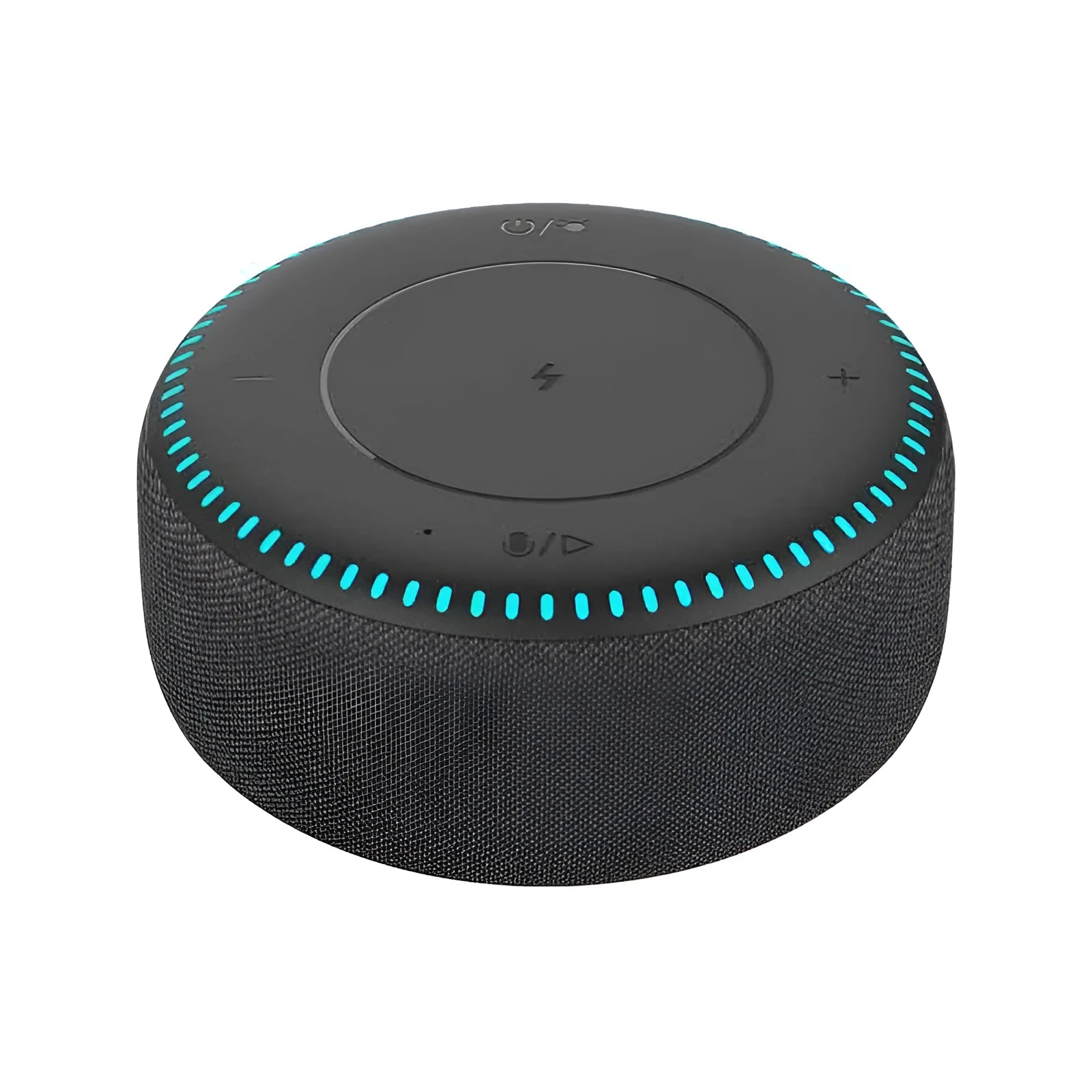 Black Bluetooth speaker with wireless charging top and white noise generation function