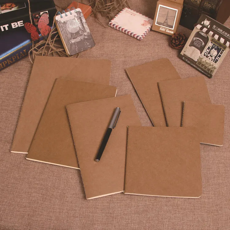 Kraft paper notebook with blank pages, 80gsm Beige Dao Lin paper, and car thread binding in multiple sizes