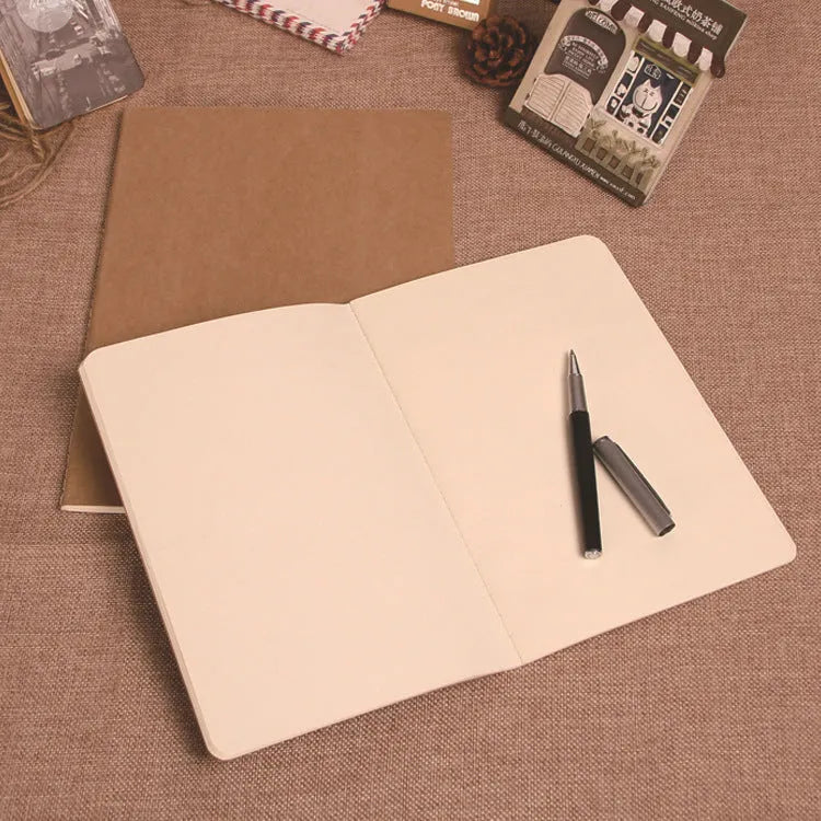 Kraft paper notebook with blank pages, 80gsm Beige Dao Lin paper, and car thread binding in multiple sizes