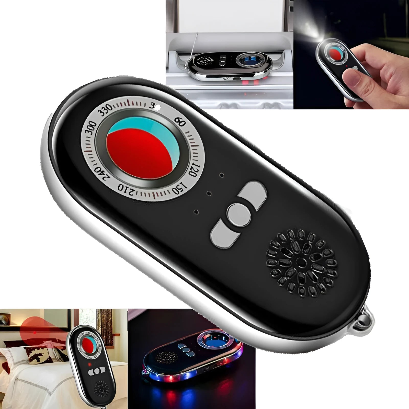 Compact black wireless signal detector for anti-theft monitoring and pinhole camera detection.
