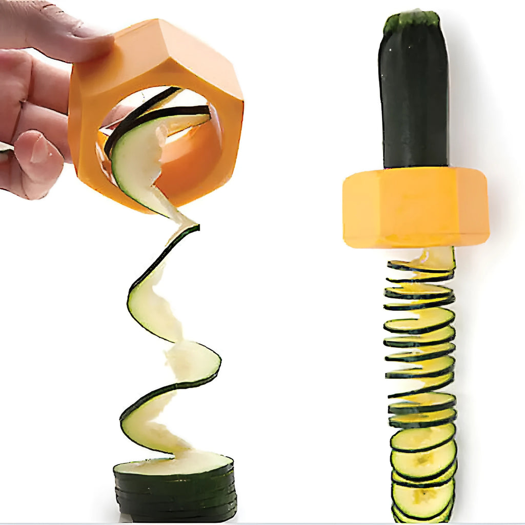 Yellow and green plastic spiral vegetable cutter on a kitchen worktop.
