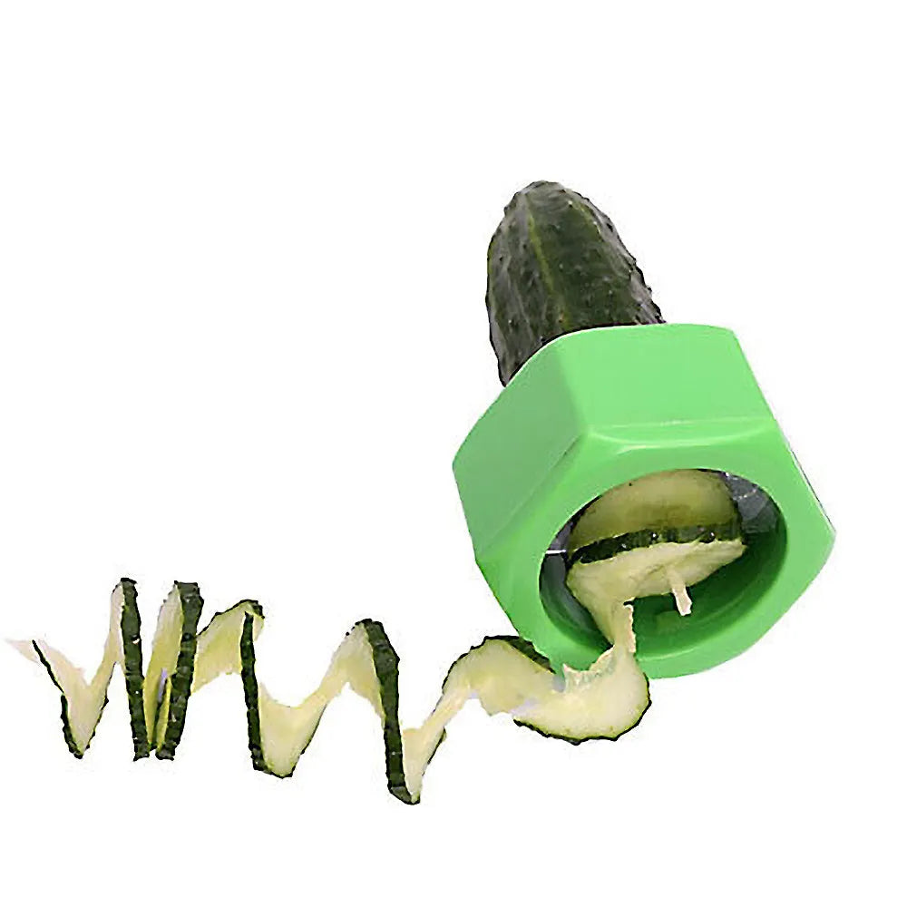 Yellow and green plastic spiral vegetable cutter on a kitchen worktop.