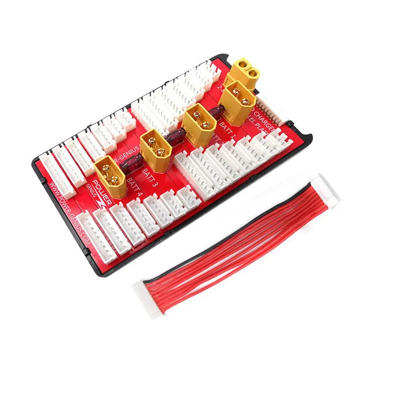 V2 parallel charging board with red PCB, gold connectors, silicone wires, and protective caps for charging multiple LiPo batteries.