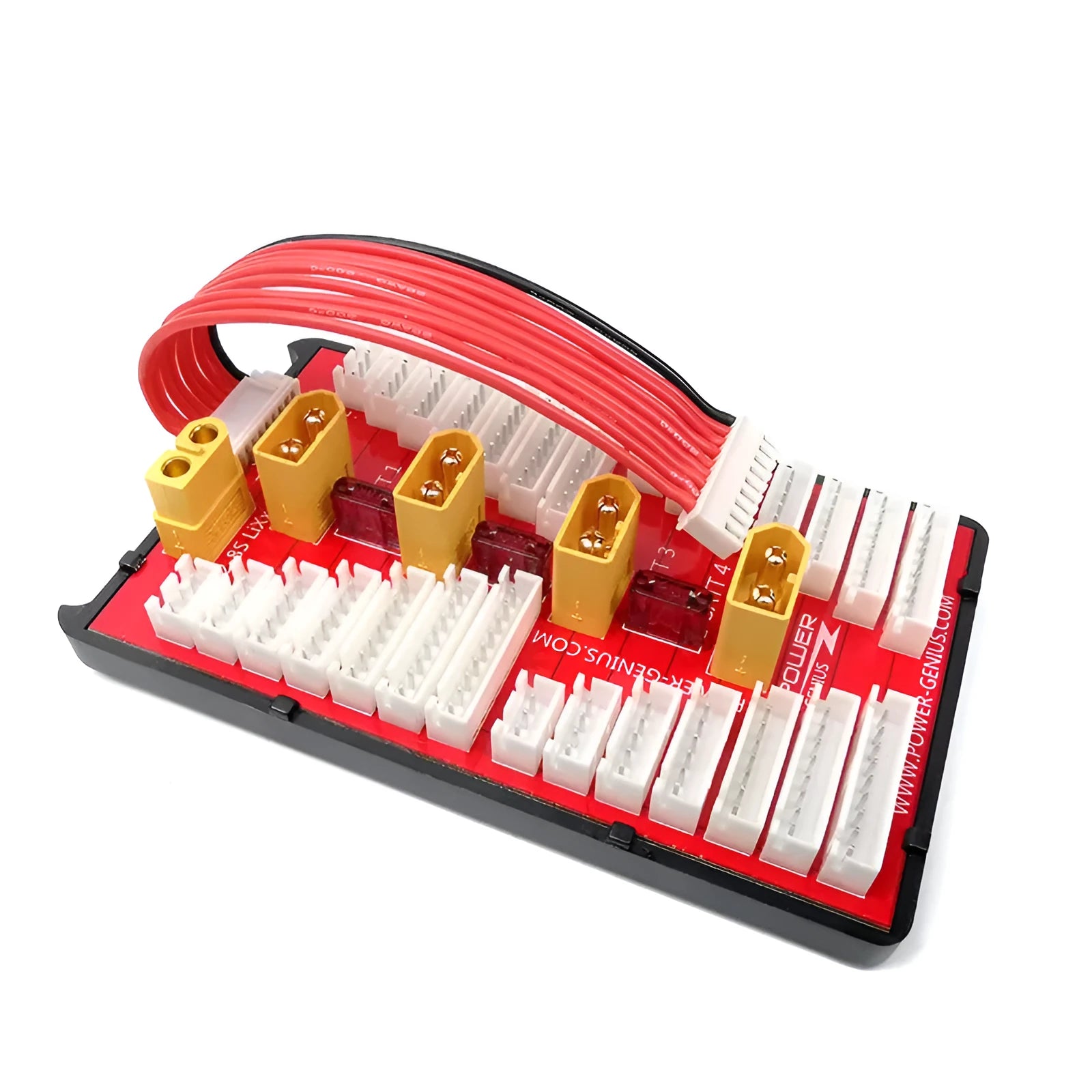 V2 parallel charging board with red PCB, gold connectors, silicone wires, and protective caps for charging multiple LiPo batteries.