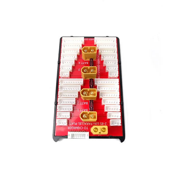 V2 parallel charging board with red PCB, gold connectors, silicone wires, and protective caps for charging multiple LiPo batteries.
