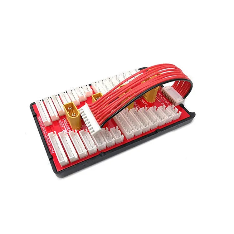 V2 parallel charging board with red PCB, gold connectors, silicone wires, and protective caps for charging multiple LiPo batteries.