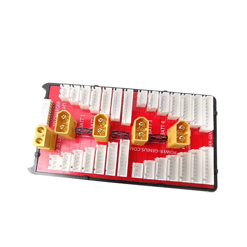 V2 parallel charging board with red PCB, gold connectors, silicone wires, and protective caps for charging multiple LiPo batteries.