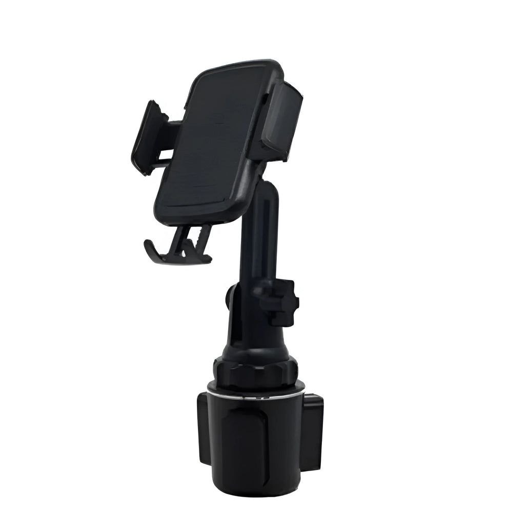 Black ABS car phone holder with 360-degree rotating head and adjustable arm.