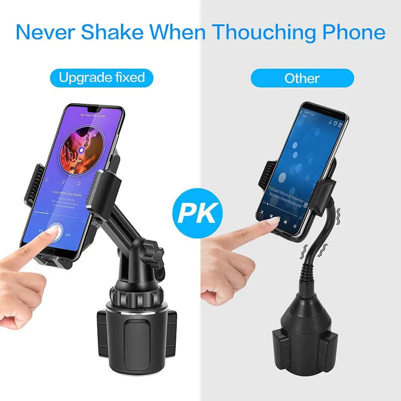 Black ABS car phone holder with 360-degree rotating head and adjustable arm.