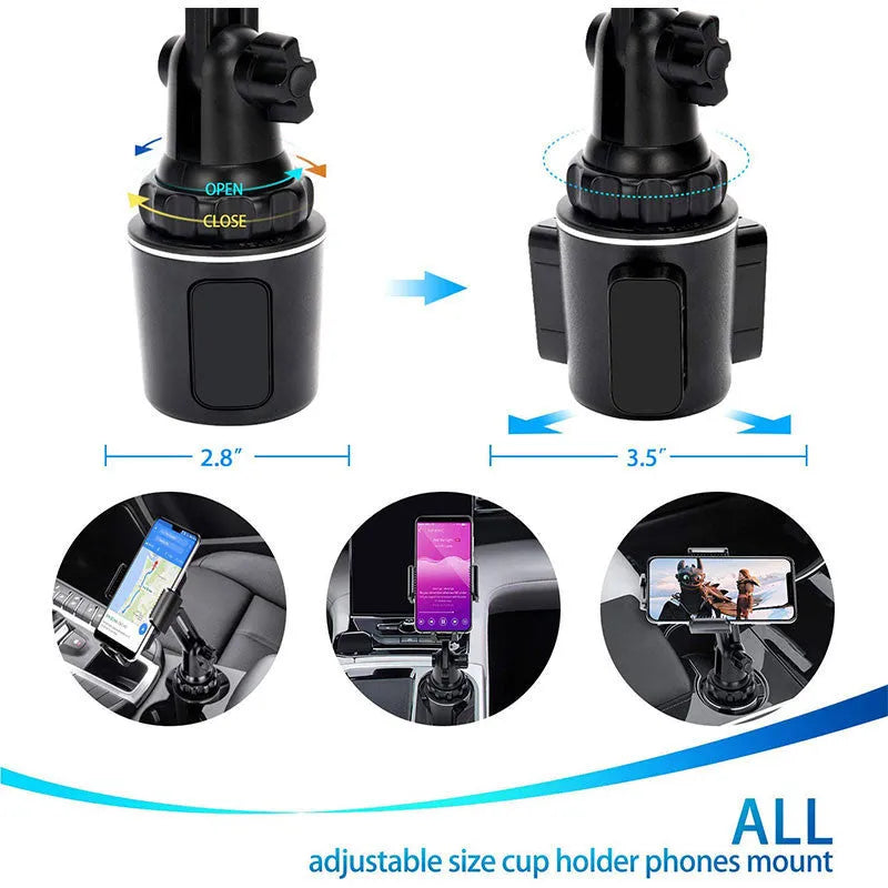 Black ABS car phone holder with 360-degree rotating head and adjustable arm.