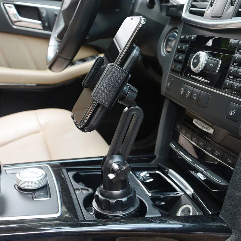 Black ABS car phone holder with 360-degree rotating head and adjustable arm.