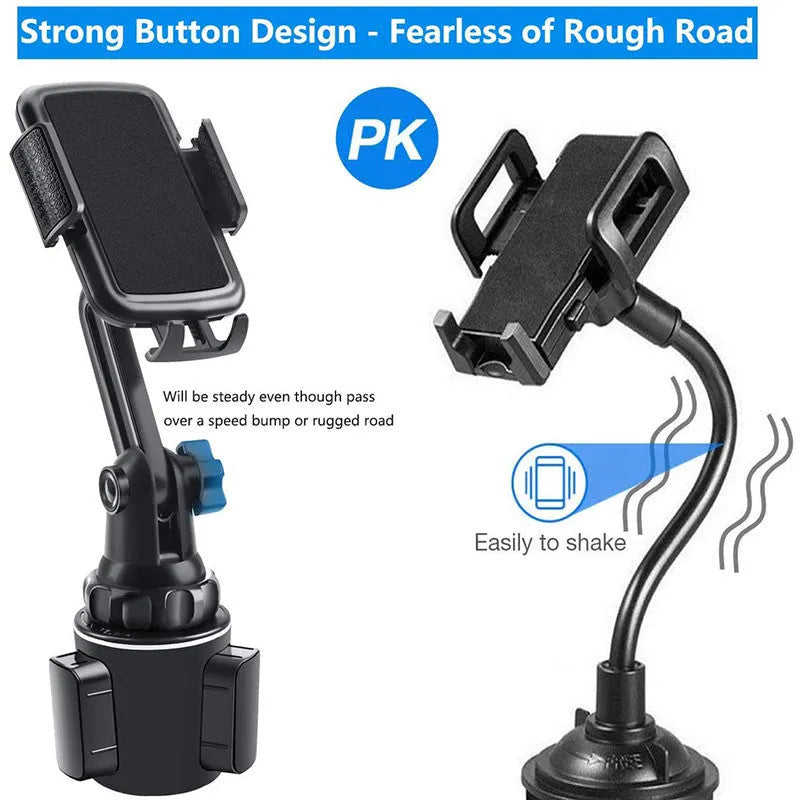 Black ABS car phone holder with 360-degree rotating head and adjustable arm.