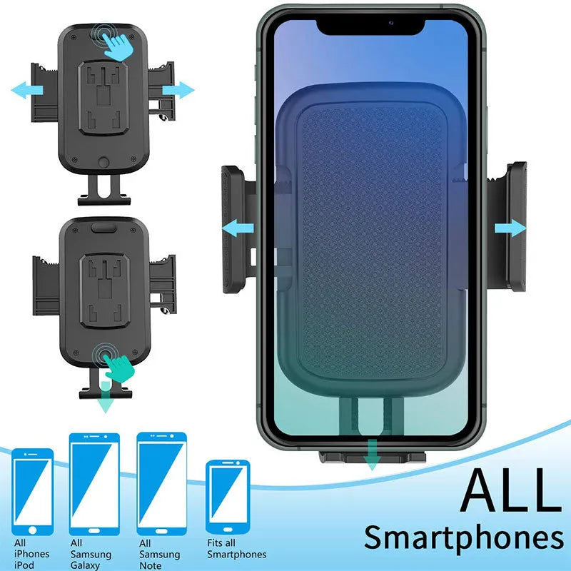 Black ABS car phone holder with 360-degree rotating head and adjustable arm.