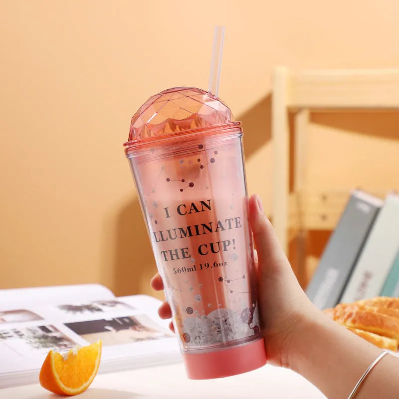 Luminous creative plastic coffee cup with light gradient and double straw, 560ml, in white, blue, and pink