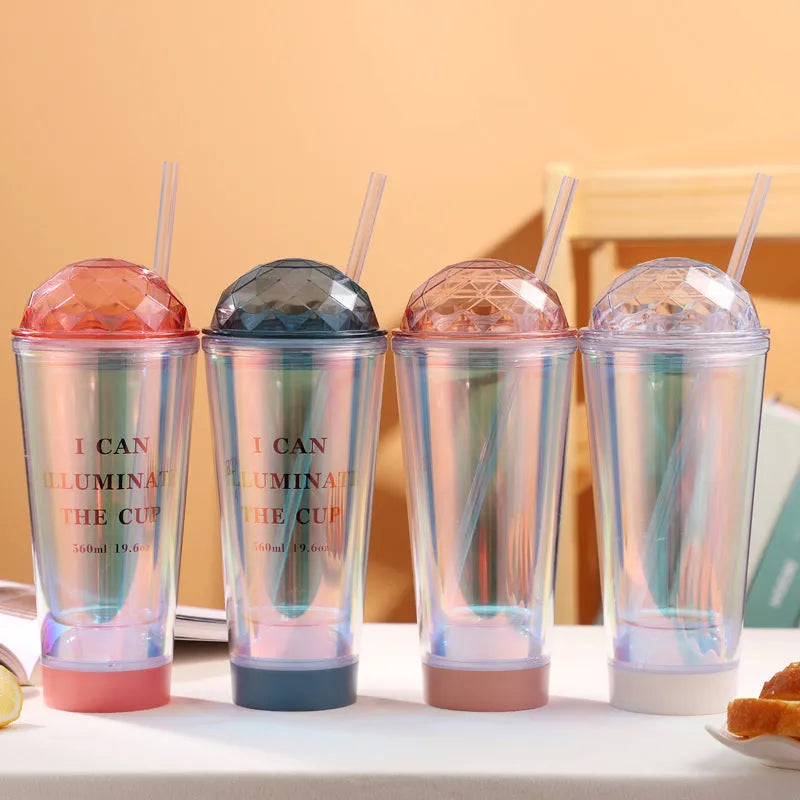 Luminous creative plastic coffee cup with light gradient and double straw, 560ml, in white, blue, and pink