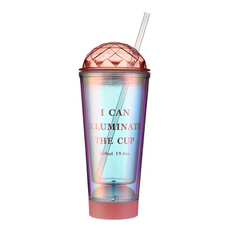 Luminous creative plastic coffee cup with light gradient and double straw, 560ml, in white, blue, and pink