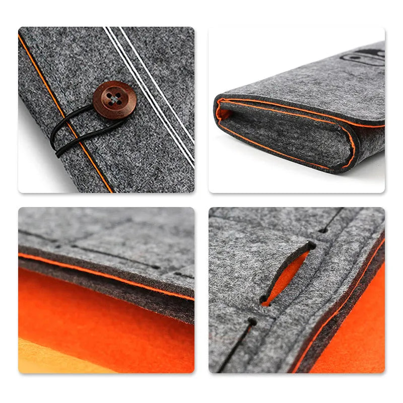 Black felt pouch case for Nintendo Switch console, showing game card slots and double layer storage design.