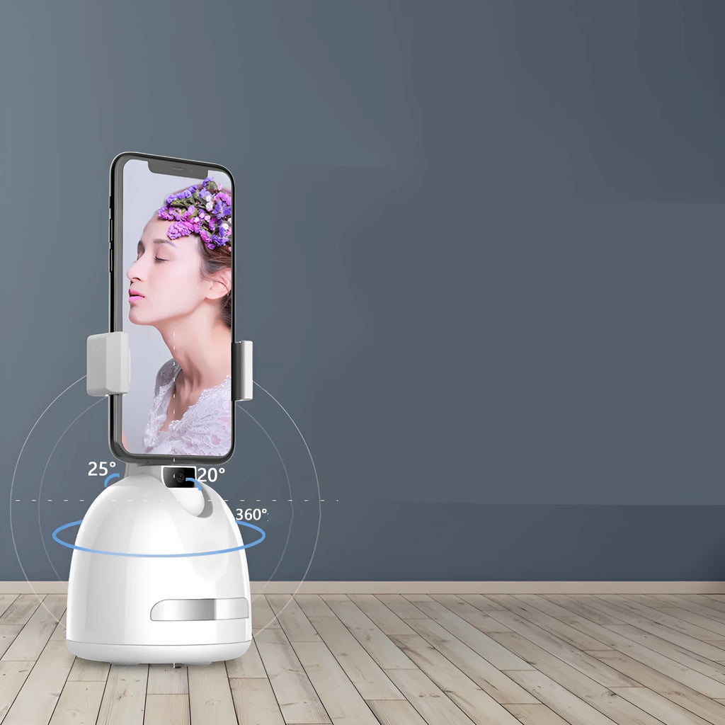 Mobile phone clip-on gimbal with 360-degree face tracking and fill light for indoor vlogging