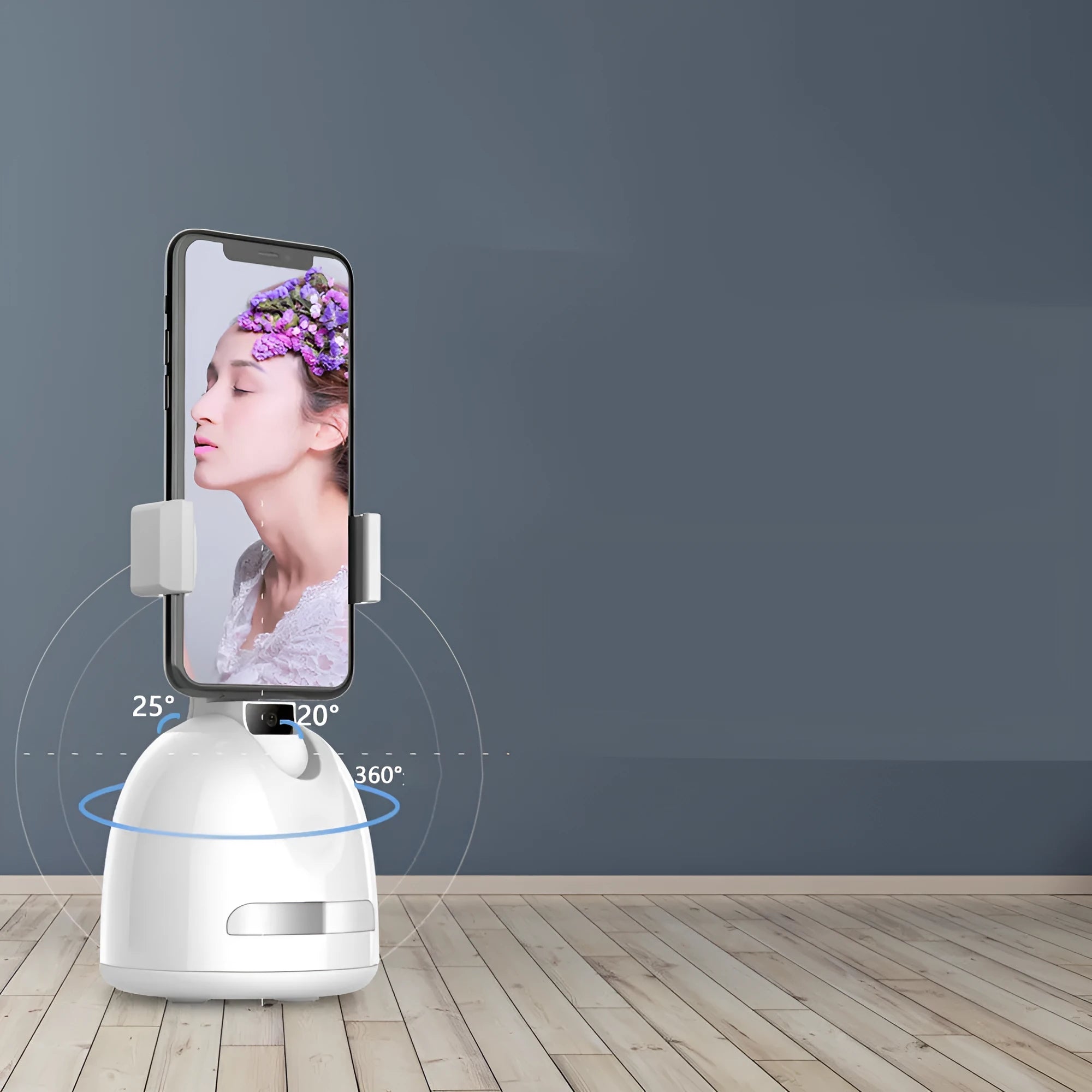 Mobile phone clip-on gimbal with 360-degree face tracking and fill light for indoor vlogging