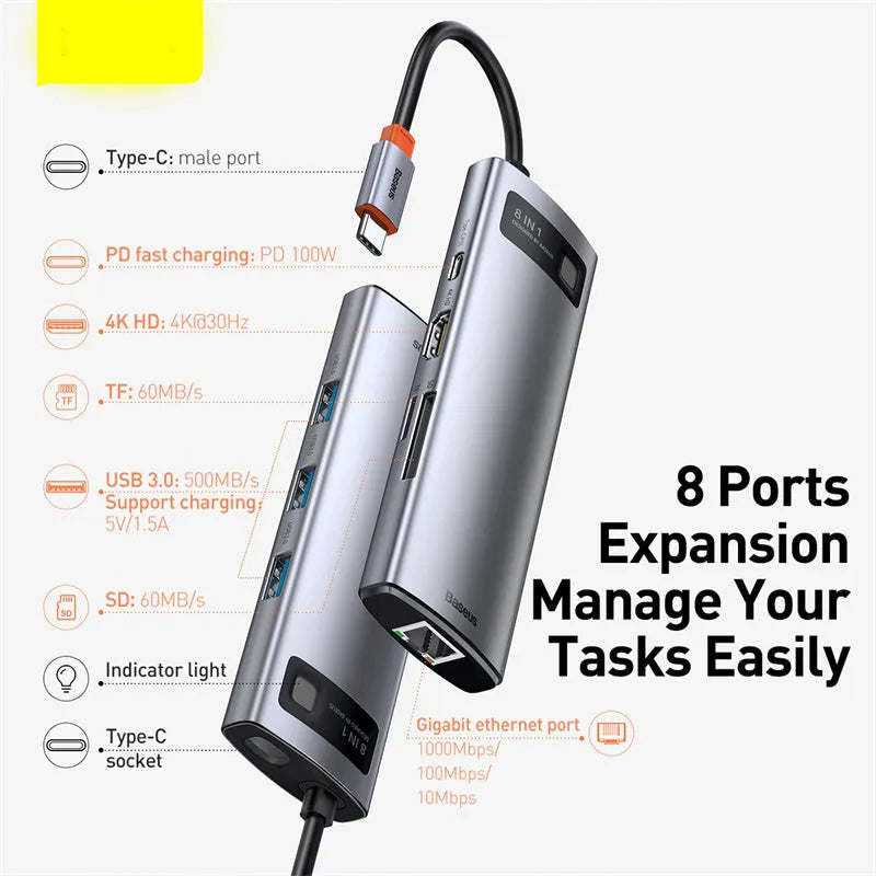 Baseus Metal Shimmer 6-in-1 Type-C hub with 4K HD and Gigabit Ethernet port in metal finish