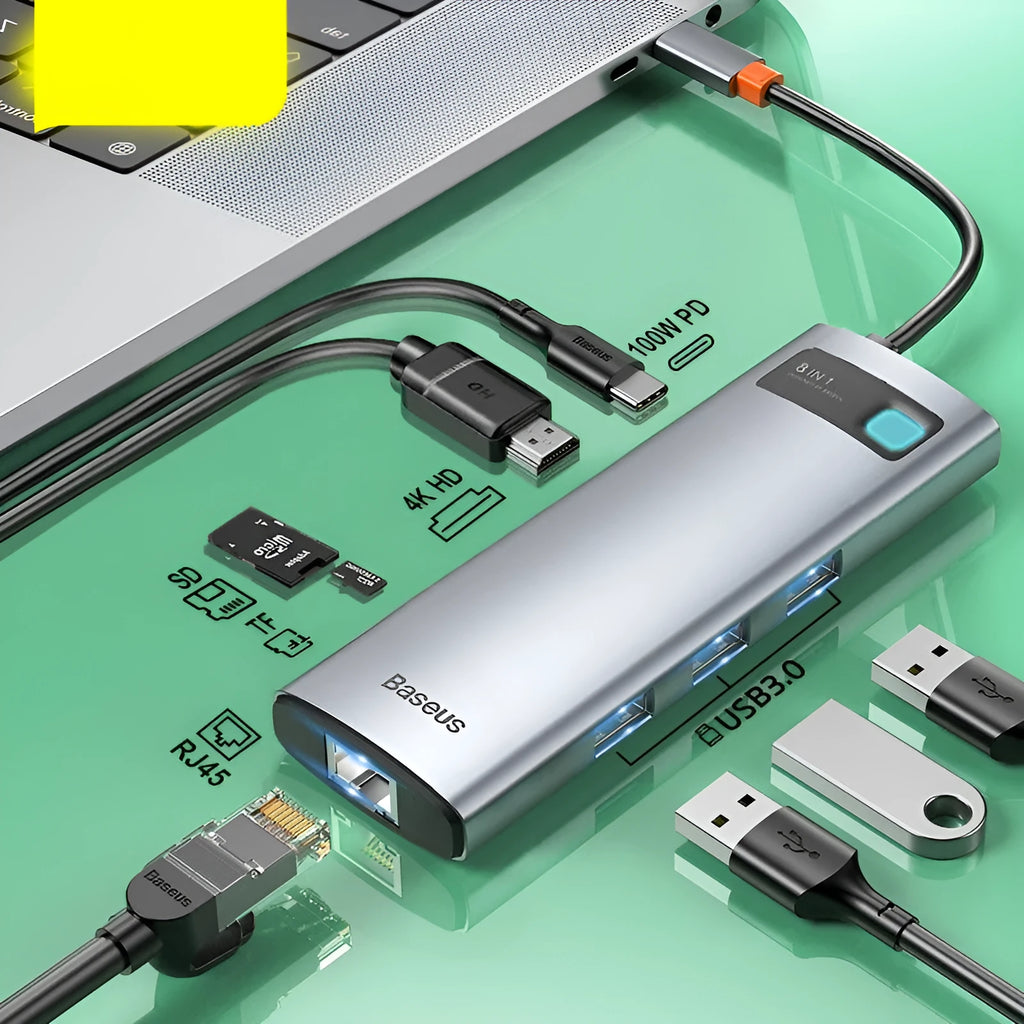 Baseus Metal Shimmer 6-in-1 Type-C hub with 4K HD and Gigabit Ethernet port in metal finish
