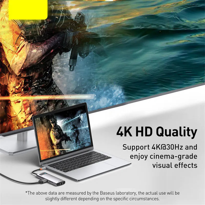 Baseus Metal Shimmer 6-in-1 Type-C hub with 4K HD and Gigabit Ethernet port in metal finish