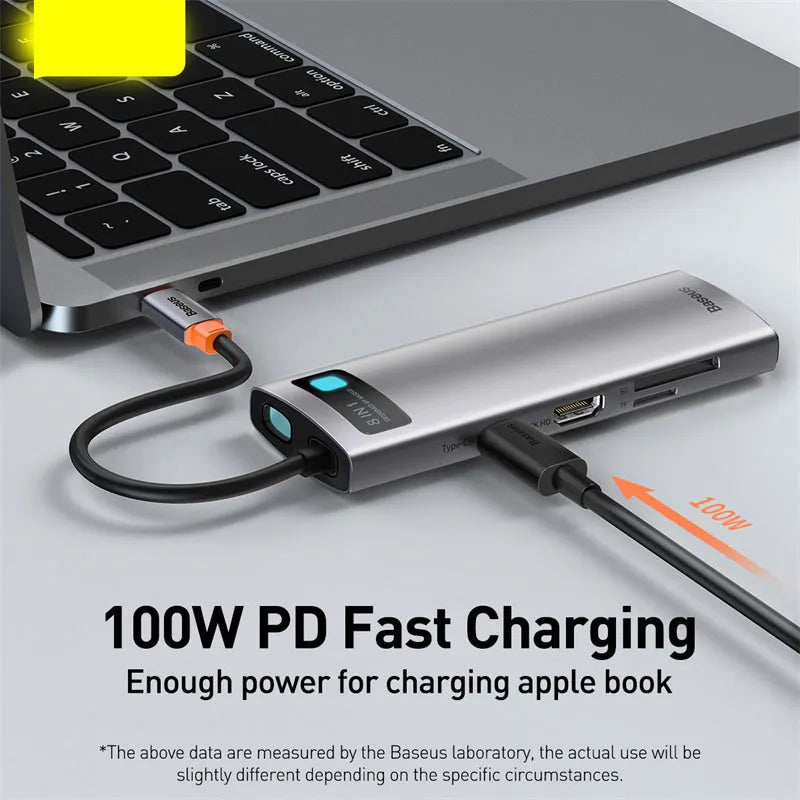 Baseus Metal Shimmer 6-in-1 Type-C hub with 4K HD and Gigabit Ethernet port in metal finish
