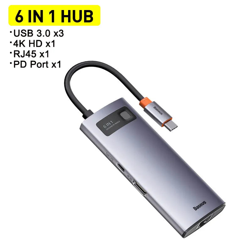 Baseus Metal Shimmer 6-in-1 Type-C hub with 4K HD and Gigabit Ethernet port in metal finish