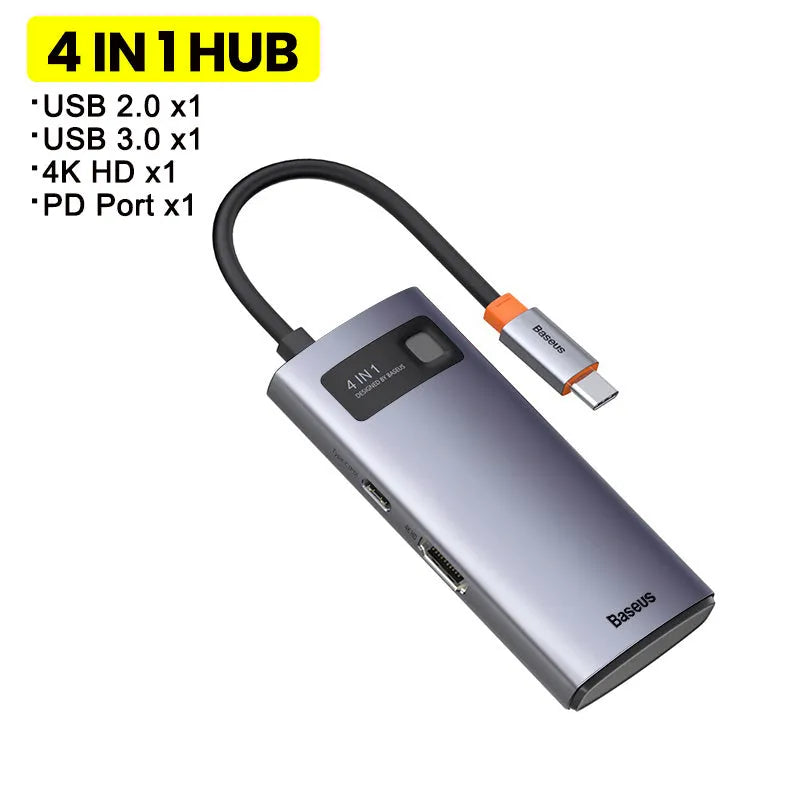 Baseus Metal Shimmer 6-in-1 Type-C hub with 4K HD and Gigabit Ethernet port in metal finish