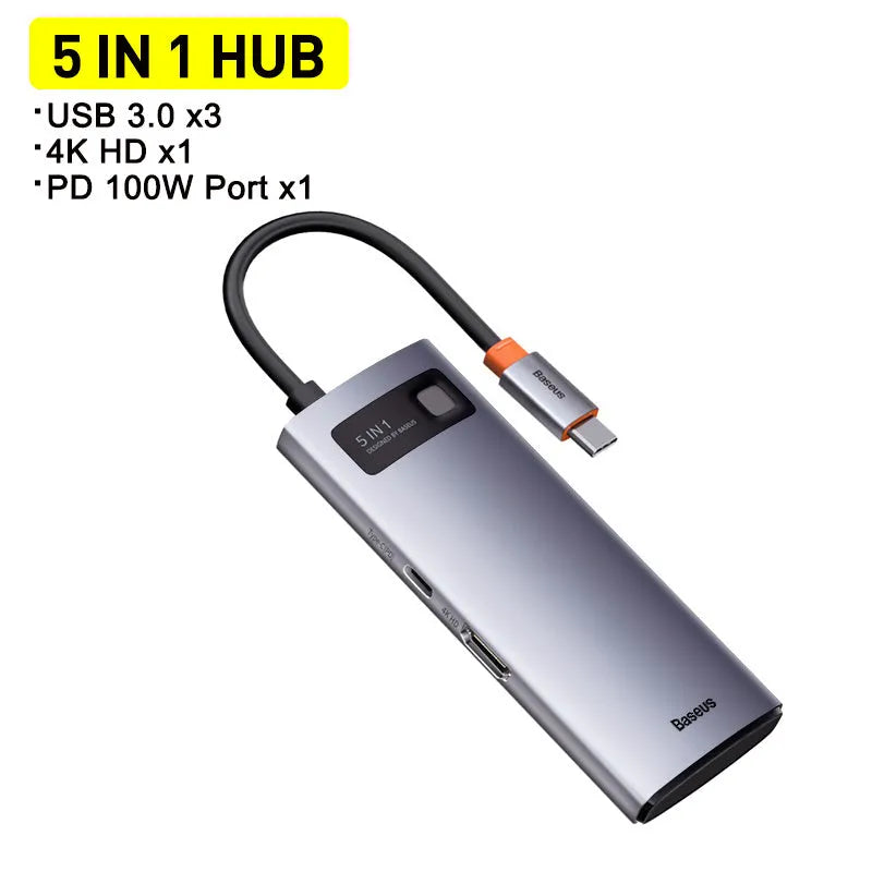 Baseus Metal Shimmer 6-in-1 Type-C hub with 4K HD and Gigabit Ethernet port in metal finish