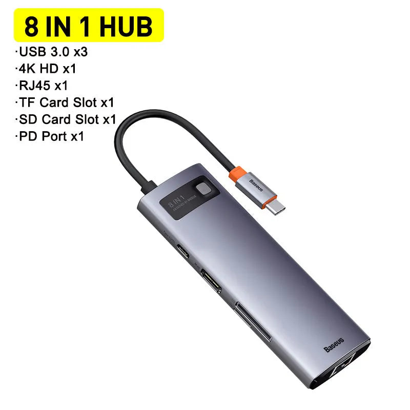 Baseus Metal Shimmer 6-in-1 Type-C hub with 4K HD and Gigabit Ethernet port in metal finish