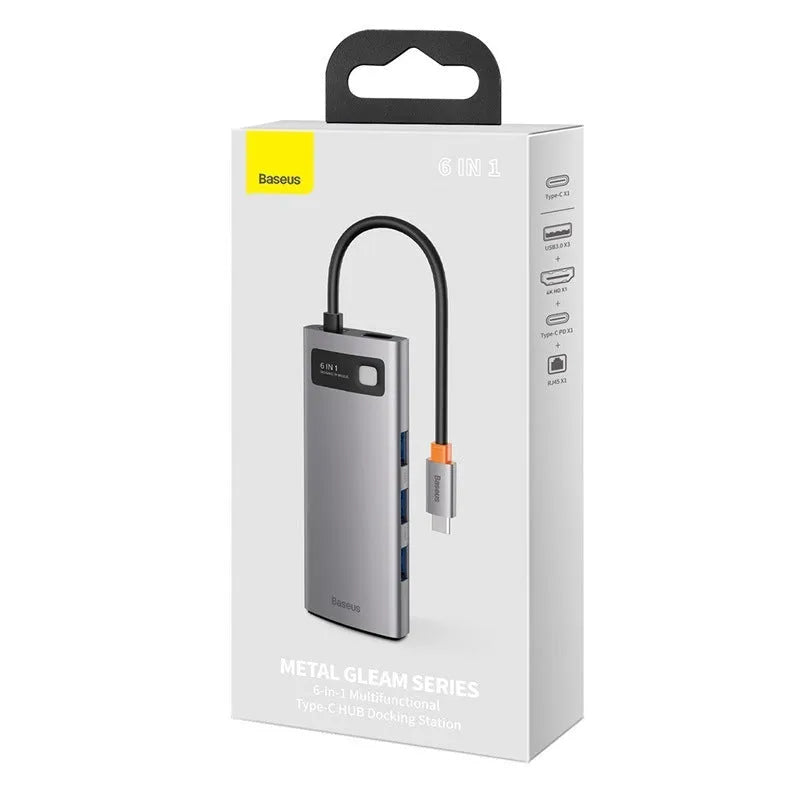 Baseus Metal Shimmer 6-in-1 Type-C hub with 4K HD and Gigabit Ethernet port in metal finish
