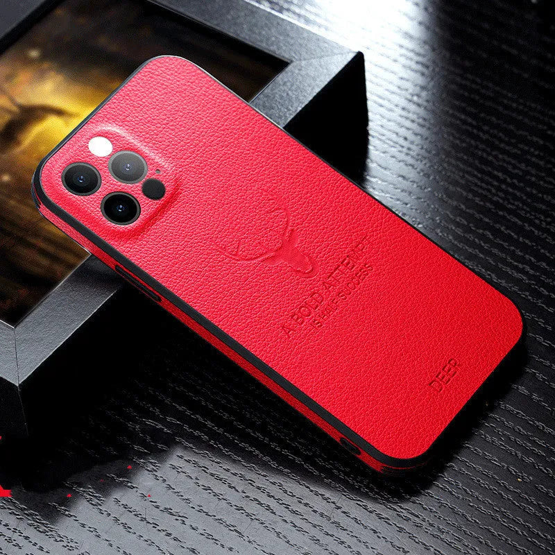 Deer Camera square frame leather texture iPhone case in orange colour showing front and back.