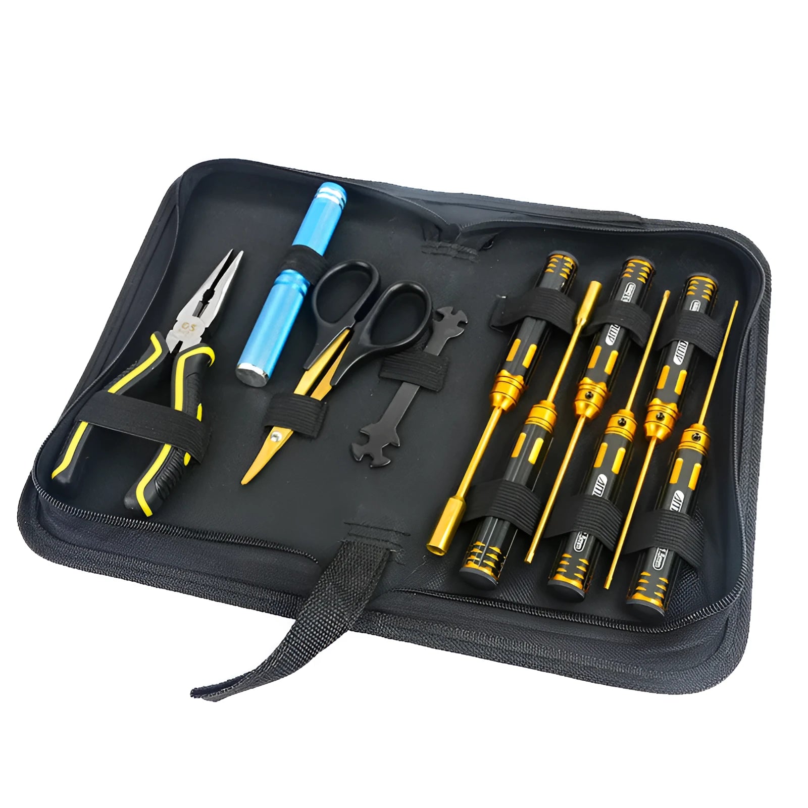 Titanium-plated screwdriver toolkit set with hex sleeves, tool bag, and holder for RC model cars