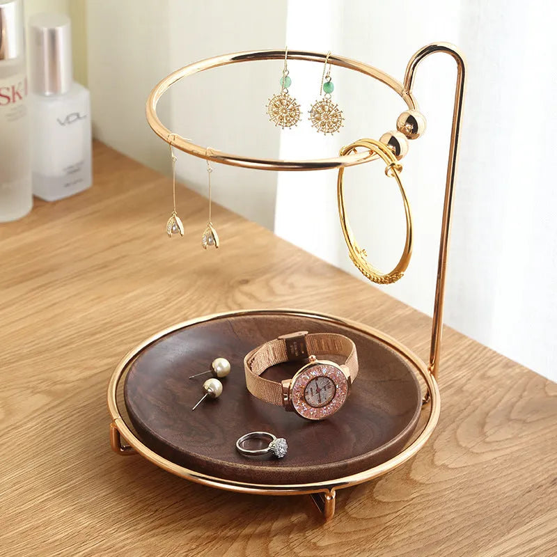 Walnut solid wood key rack with storage tray measuring 21cm by 16.5cm