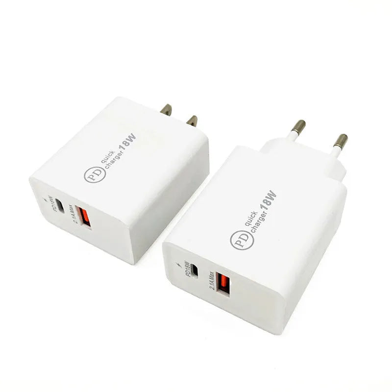 White 18W USB-C wall fast charger with US plug on a plain background
