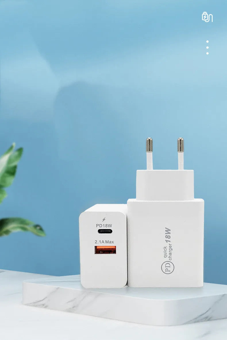 White 18W USB-C wall fast charger with US plug on a plain background