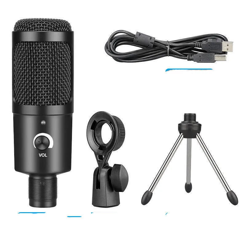 Black USB condenser microphone on metal stand with heart polar pattern for computer recording