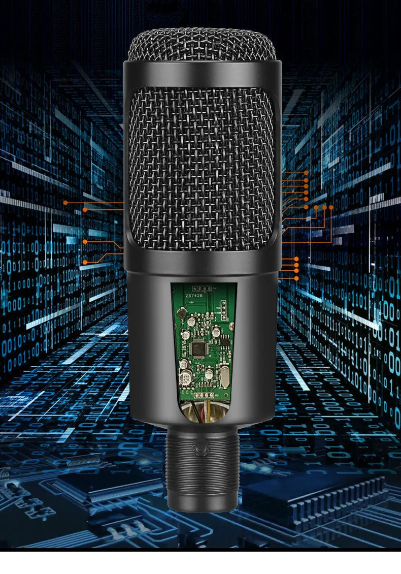 Black USB condenser microphone on metal stand with heart polar pattern for computer recording