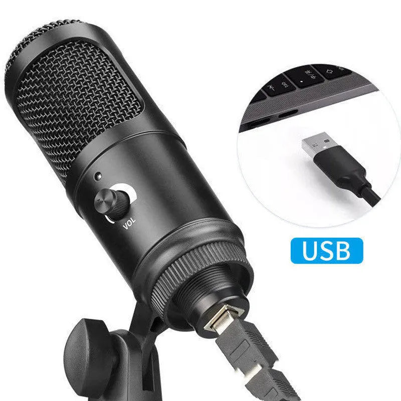 Black USB condenser microphone on metal stand with heart polar pattern for computer recording