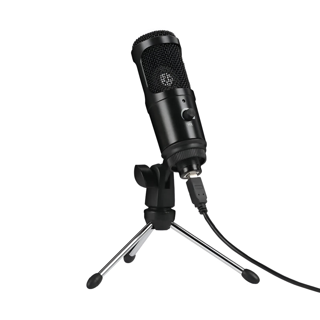 Black USB condenser microphone on metal stand with heart polar pattern for computer recording