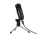 Black USB condenser microphone on metal stand with heart polar pattern for computer recording