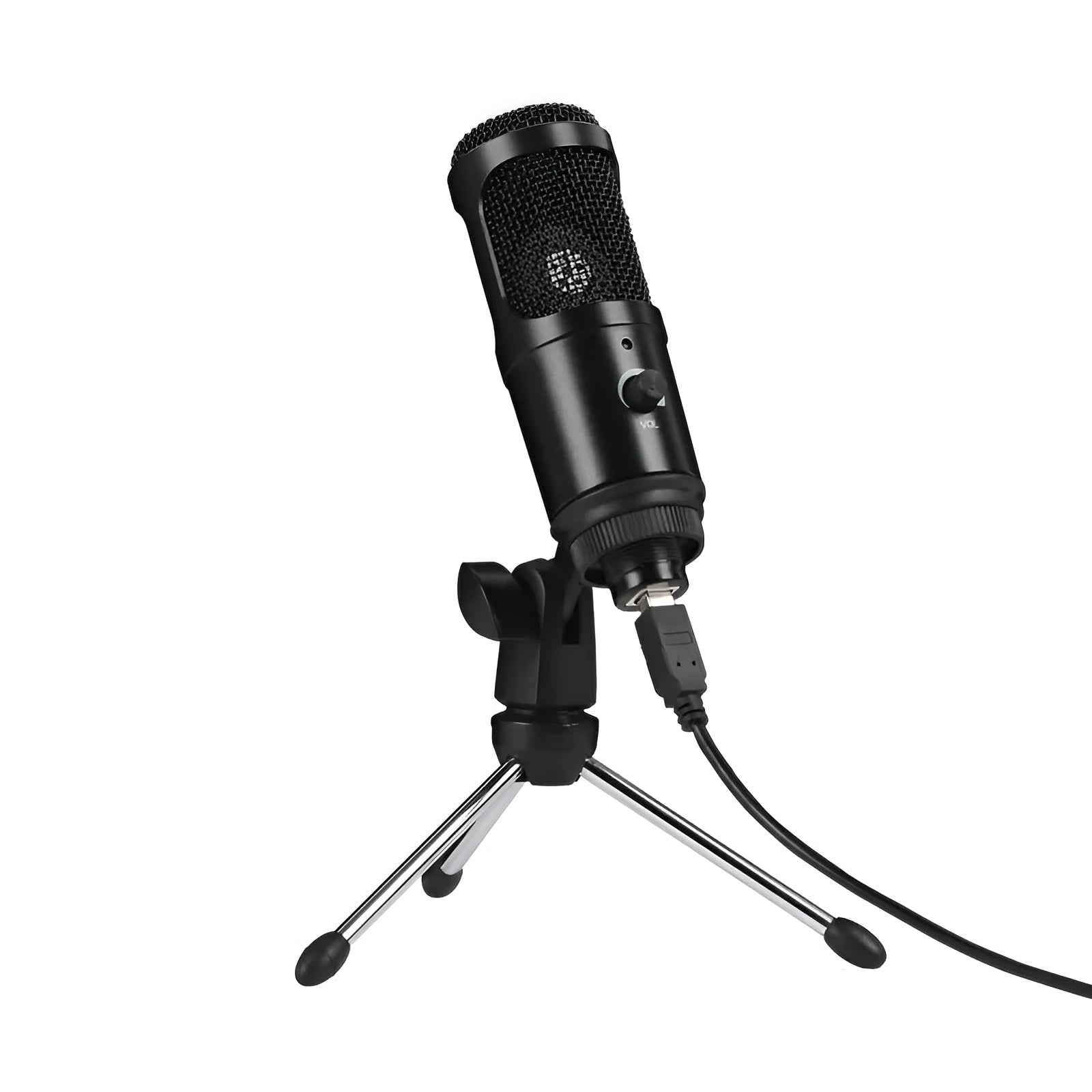 Black USB condenser microphone on metal stand with heart polar pattern for computer recording