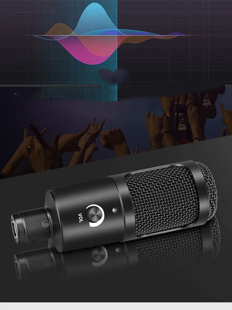 Black USB condenser microphone on metal stand with heart polar pattern for computer recording
