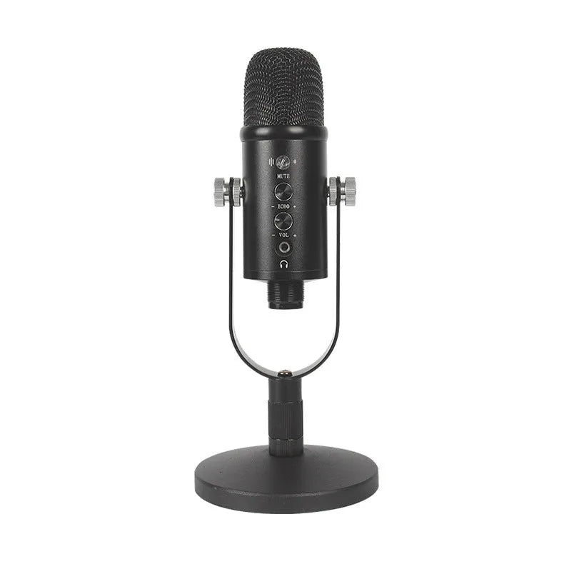 Black BM-86PRO USB condenser microphone on a metal stand with sponge pop filter.