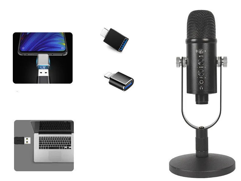 Black BM-86PRO USB condenser microphone on a metal stand with sponge pop filter.