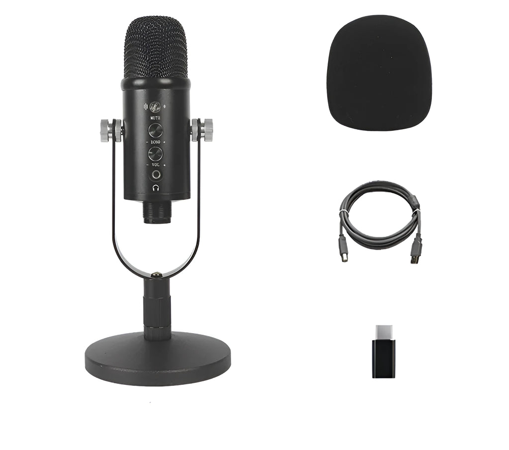 Black BM-86PRO USB condenser microphone on a metal stand with sponge pop filter.
