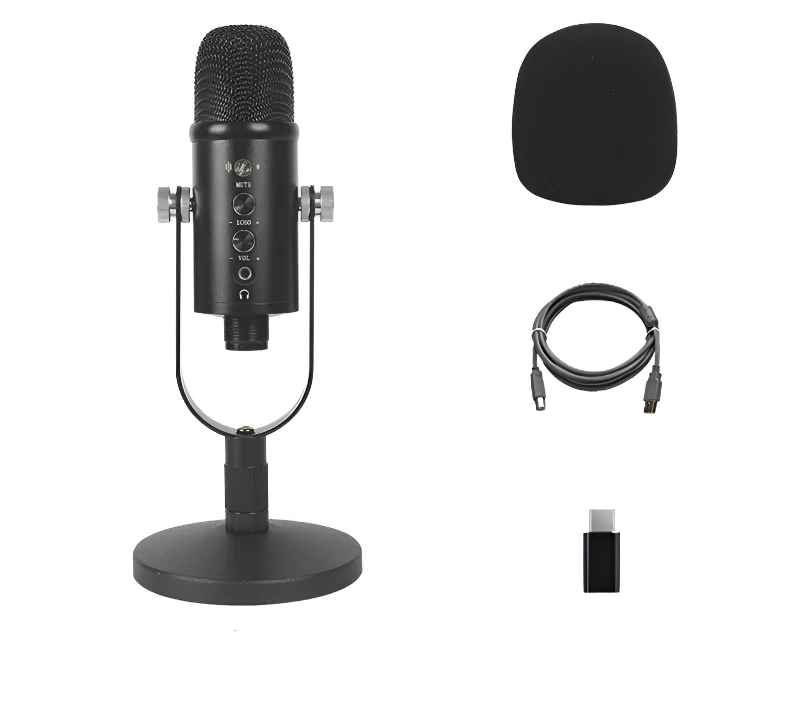 Black BM-86PRO USB condenser microphone on a metal stand with sponge pop filter.