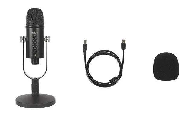 Black BM-86PRO USB condenser microphone on a metal stand with sponge pop filter.